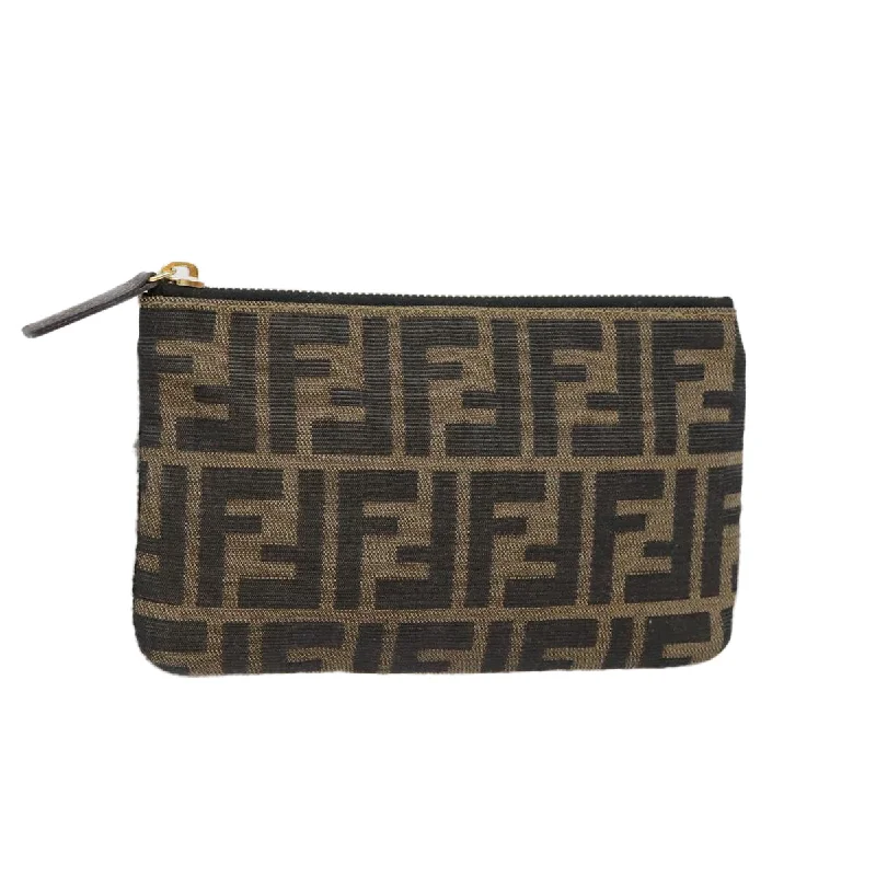 Fendi Baguette bags featuring the iconic FF logo plaque for a branded lookFENDI Zucca Canvas Pouch Black Gold Brown  yk15224