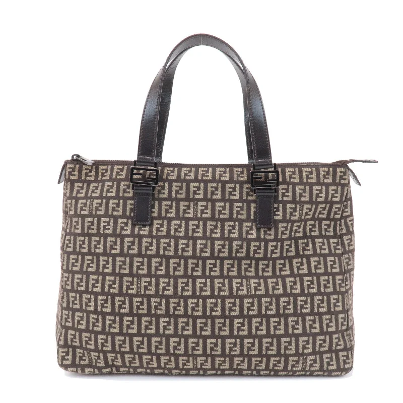 Fendi bags with a zip - top closure and a front - pocket for quick access to keys and cardsFENDI Zucchino Canvas Leather Tote Bag Hand Bag Beige Brown 8BH138