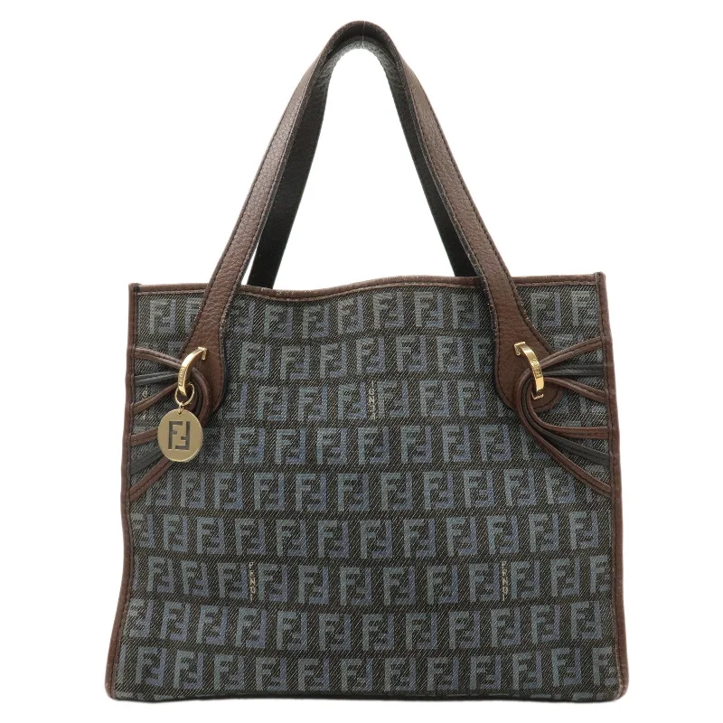 Ladies Fendi shoulder bags with a detachable phone stand for hands - free viewingFENDI Zucchino Canvas Leather Tote Bag Brown Blue Black 8BH152