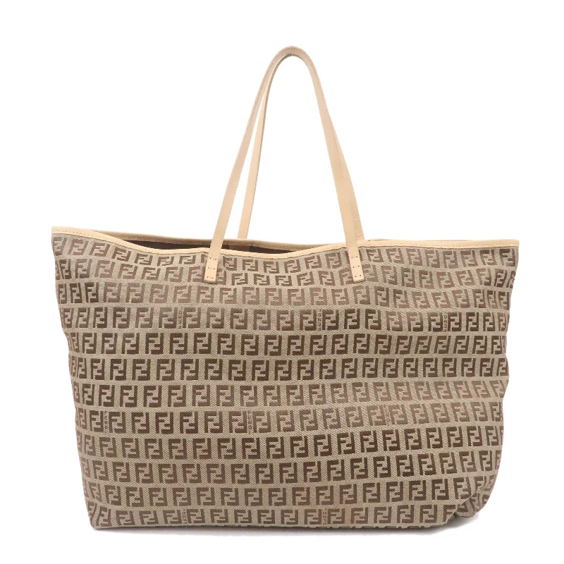 Ladies Fendi Sunshine Shopper bags in a pastel shade like mint for a soft and delicate appearanceFENDI Zucchino Canvas Leather Tote Bag Beige Brown 8BH005