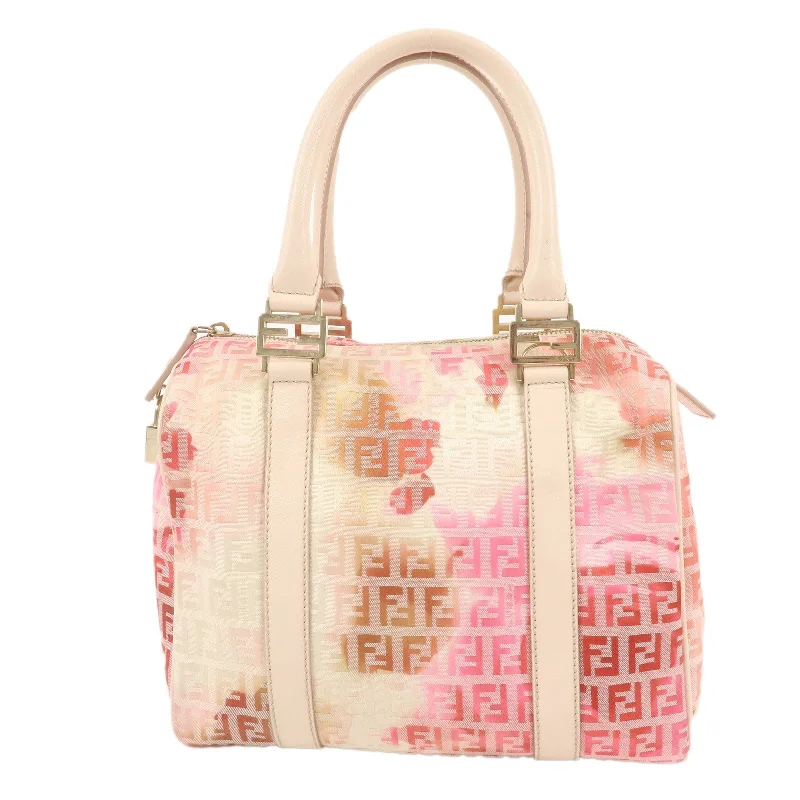 Fendi bags with a zip - top closure and a front - pocket for quick access to keys and cardsFENDI Zucchino Canvas Mini Boston Bag Ivory Beige Pink 8BL068