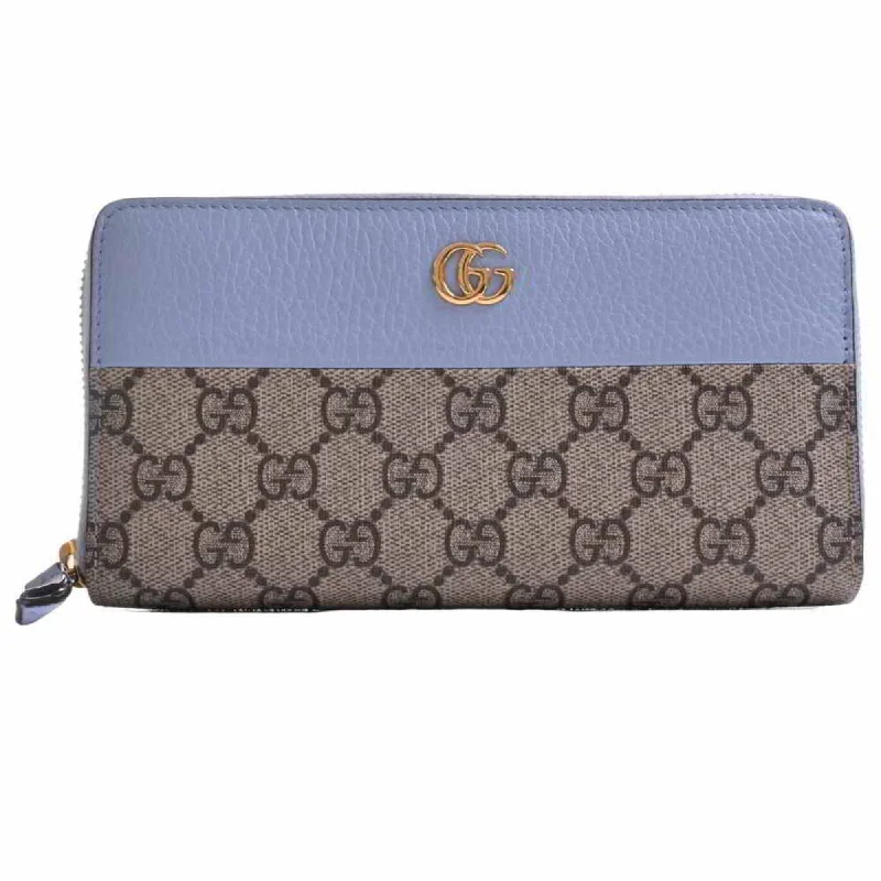 Women Gucci bags with a zippered interior pocketGucci GG Supreme Marmont Zip Around Long Wallet Beige/Blue PVC Leather