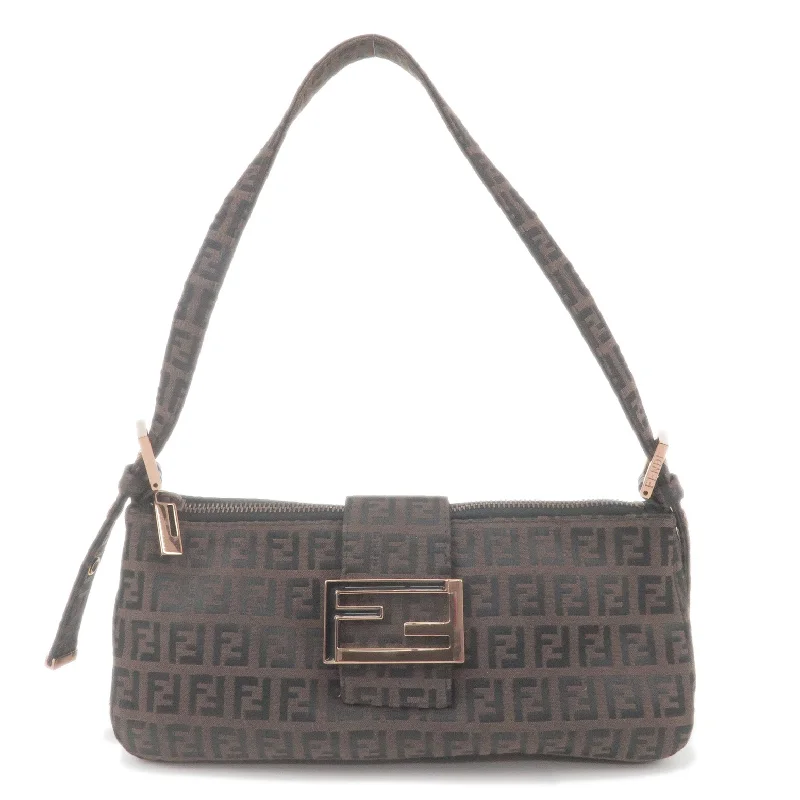 Fendi bags with a chain - link trim and a leather body for a modern and edgy lookFENDI Zucchino Canvas Shoulder Bag Black Brown 8BR034