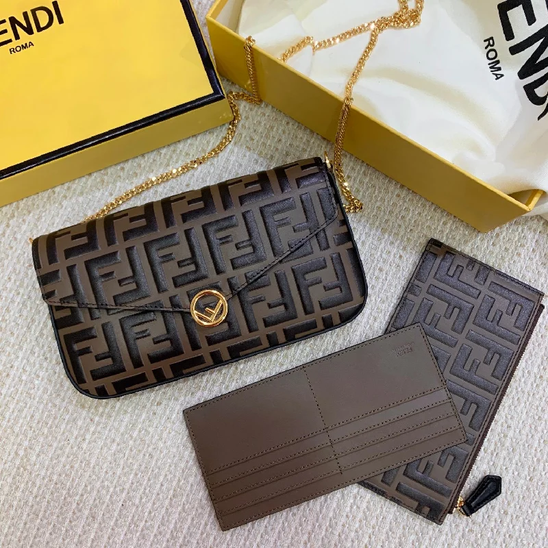 Fendi By The Way bags with a 3D - printed FF logo for a modern and textured lookFendi Wallet On Chain With Pouches Brown