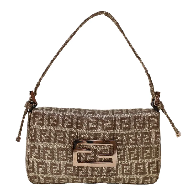 Fendi bags with a detachable mirror inside for quick touch - ups and groomingFENDI Zucchino Canvas Mini Mamma Baguette Pouch Gold Tone Auth 45633A