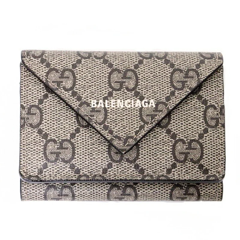 Women Gucci bags with a chain - link trim and a leather bodyGucci ?? BALENCIAGA Gucci Balenciaga Collaboration The Hacker Project Paper Mini Wallet Trifold Canvas Leather 681704 Beige Gold Hardware