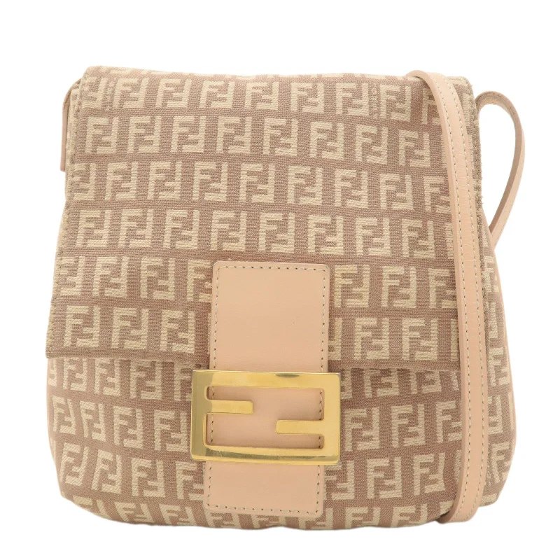 Ladies Fendi shoulder bags with a magnetic - closure flap for easy opening and closingFENDI Zucchino Canvas Leather Shoulder Bag Pink Beige 8BT075