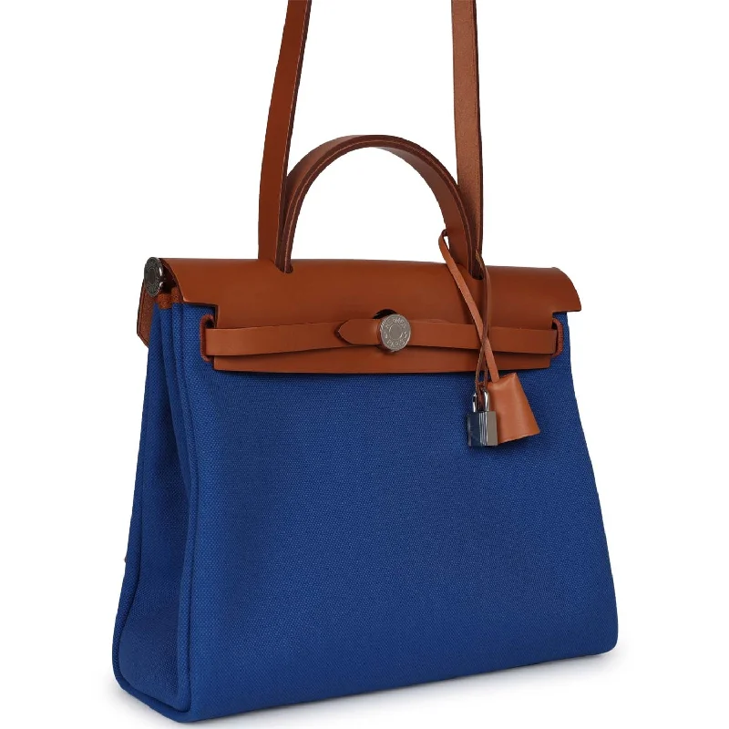 Hermes Herbag Zip PM 31 Bleu France Toile H Fauve Vache Hunter Palladium Hardware