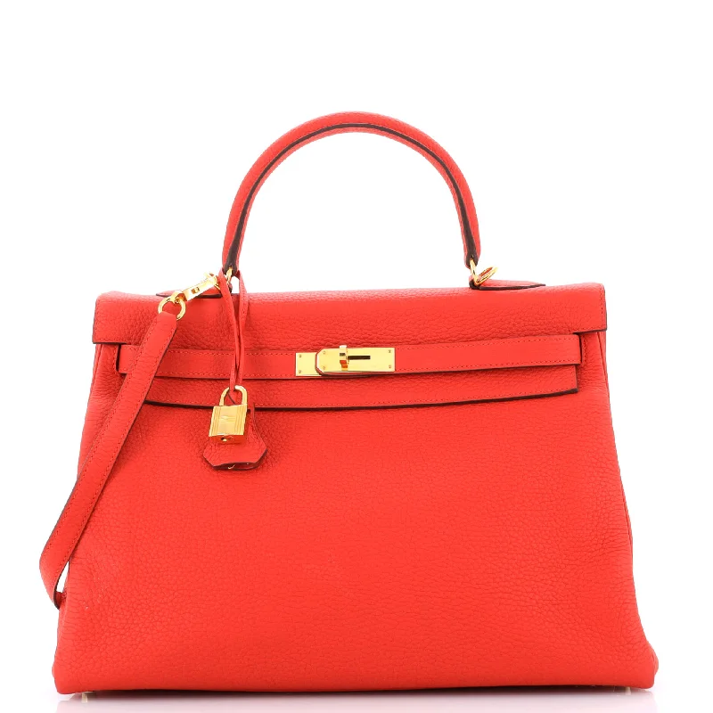 Large capacity travel bagsKelly Handbag Rouge Tomate Clemence with Gold Hardware 35