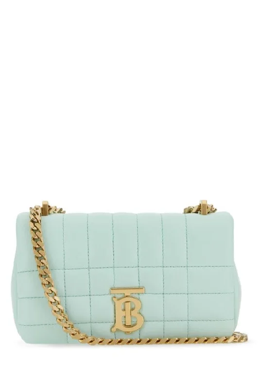 Metallic Finish Burberry Bags for a Glam LookBurberry Woman Pastel Light-Blue Leather Mini Lola Shoulder Bag