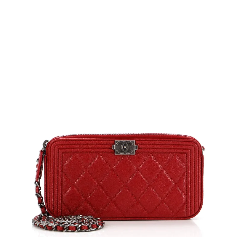 Customizable monogram bagsBoy Double Zip Clutch with Chain Quilted Caviar