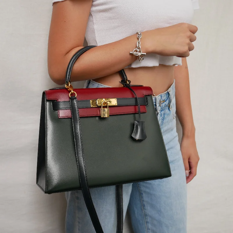 Small - sized Hermès Kelly Bags in Epsom leather for a structured lookHERMES 1992 KELLY 28 SELLIER Tricolor Box calf