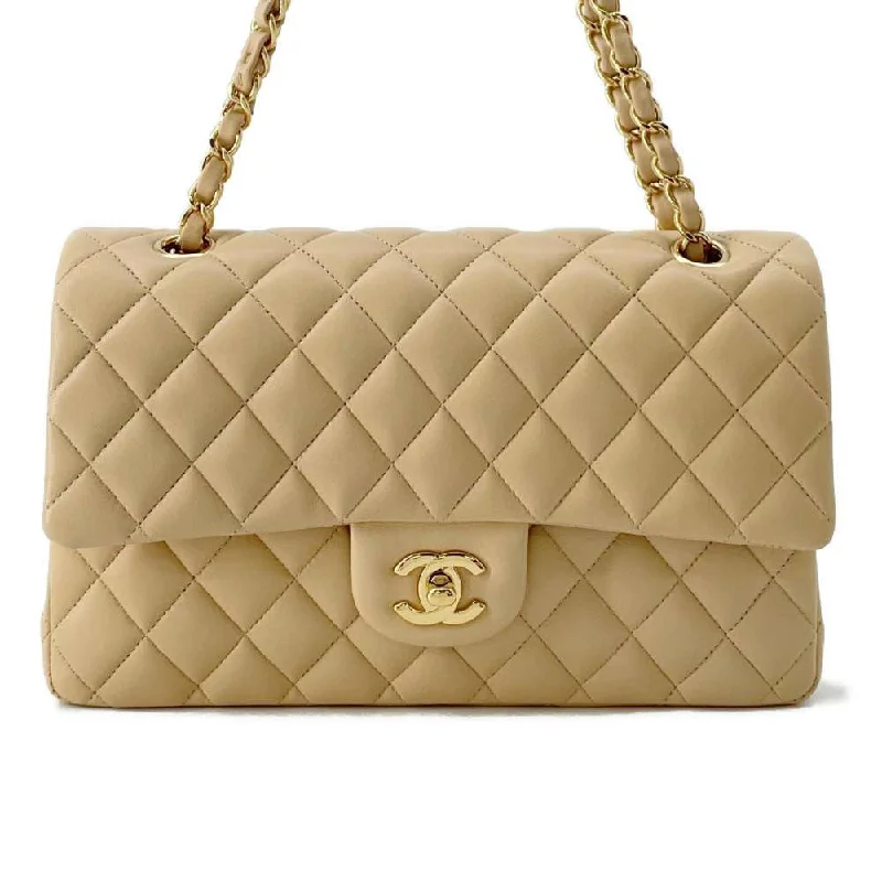 Chanel Quilted Leather Shoulder Bag for FashionistasCHANEL Matelasse W flap ChainShoulder Beige A01112 Lambskin Size 25