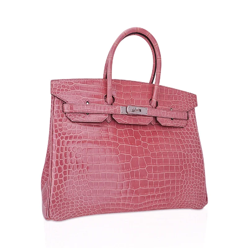 Hermes Birkin Bags with a Hand - Burnished Edge FinishHermes Birkin 35 Bag Rose Indien Porosus Crocodile with Palladium Hardware