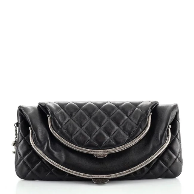 Chanel bags for women with minimalist styleCHANEL DOUBLE KISSLOCK FOLD OVER QUILTED LEATHER MEDIUM CLUTCH