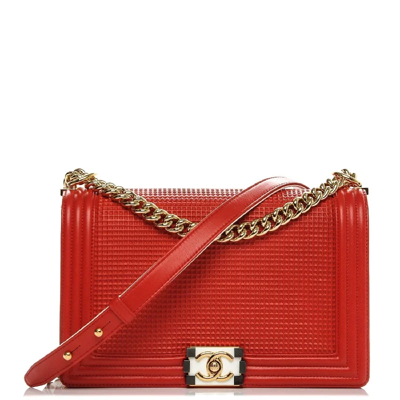 Chanel Chain Strap Handbag for Everyday UseCHANEL FLAP BOY RED CUBE EMBOSSED LEATHER MEDIUM BAG