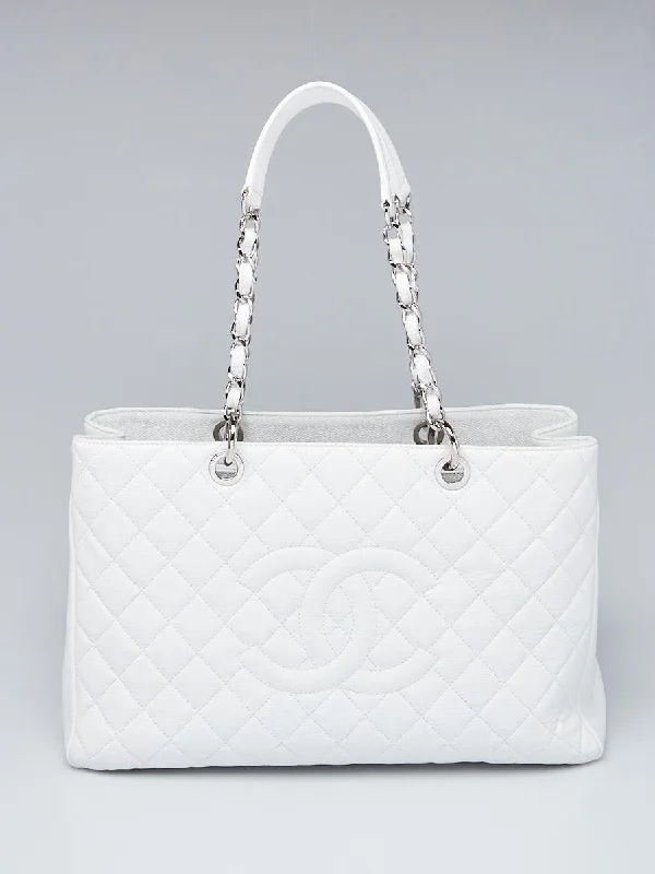 Chanel All - Match Handbag for Versatile StylingChanel White Quilted Caviar Grand Shopper Tote GST