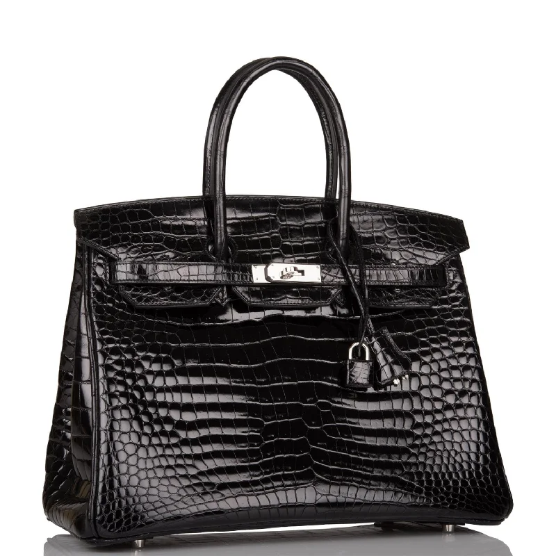 Hermes Birkin Bags with a Woven Leather Strap DetailHermes Birkin 35 Black Shiny Porosus Crocodile Palladium Hardware