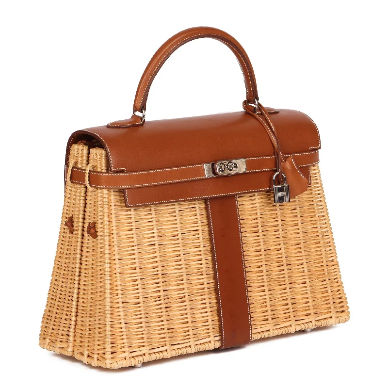 Hermès Kelly Bags with a detachable mirror insideHermes Barenia Leather & Wicker Kelly 35cm Picnic Top Handle Bag