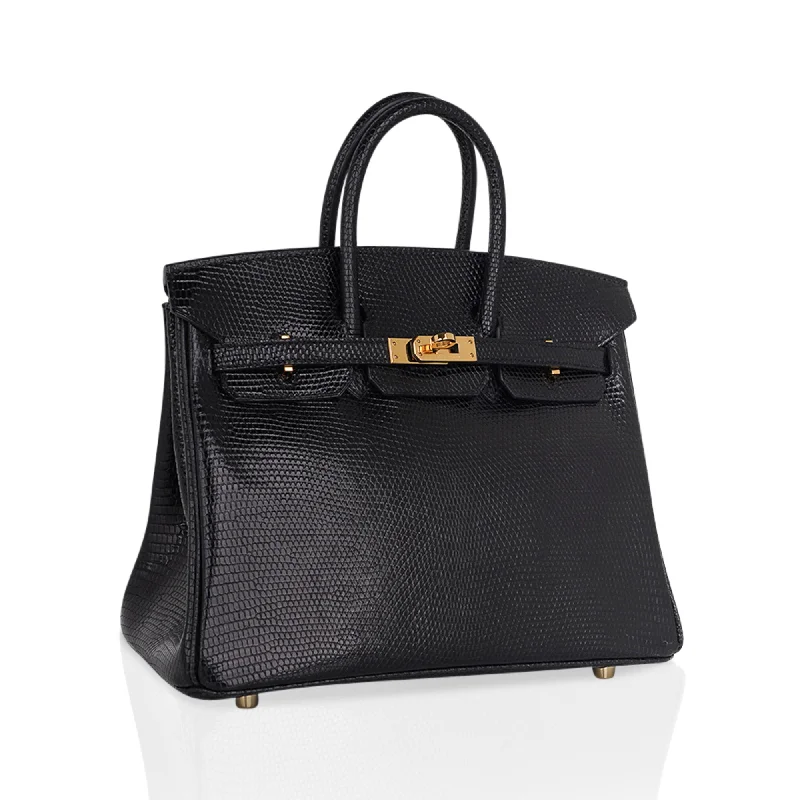 Hermes Birkin Bags with a Chain - Embellished Handle for a Modern TwistHermes Birkin 25 Bag Black Lizard Gold Hardware Very Rare