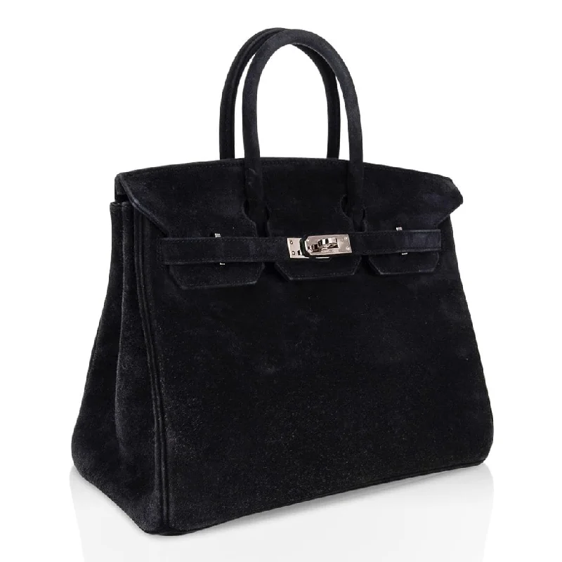 Hermes Birkin Bags with a Hand - Embroidered Floral PatternHermes Birkin 25 Bag Black Doblis Suede with Palladium Hardware