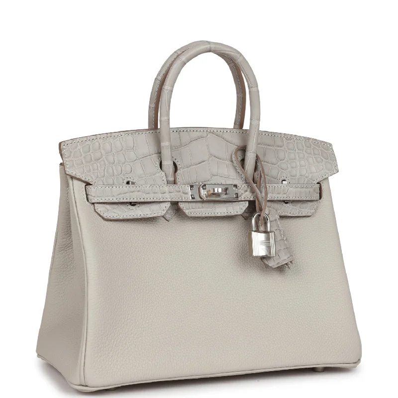 Hermes Birkin Bags with a Leather - Lined Interior Pocket for Added ProtectionHermes Birkin 25 Gris Perle Matte Alligator and Togo Touch Palladium Hardware