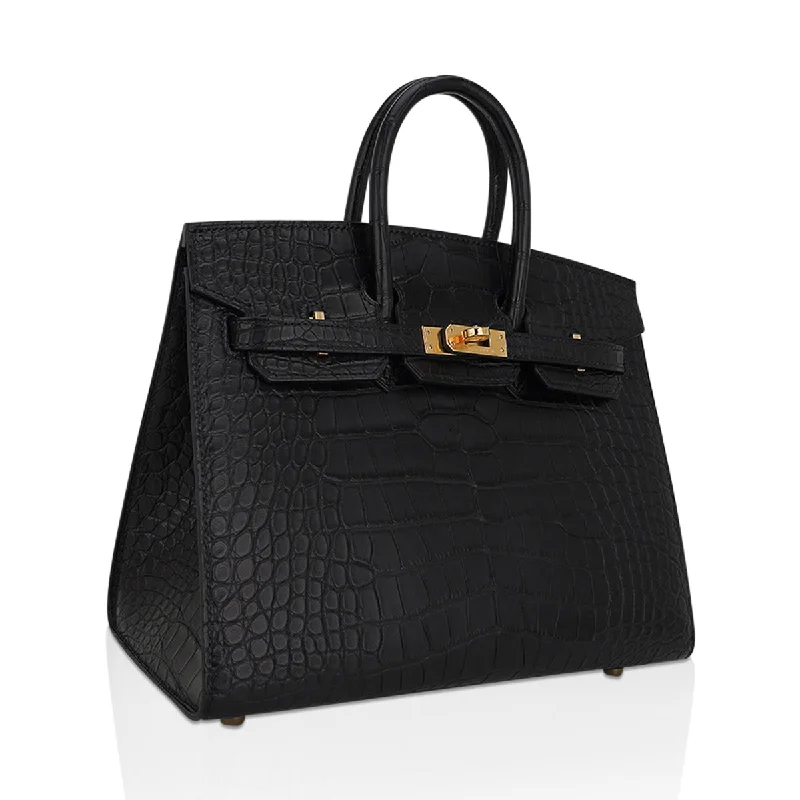 Hermes Birkin Bags with a Textured Taurillon Clemence LeatherHermes Birkin 25 Sellier Bag in Black Matte Alligator with Gold Hardware