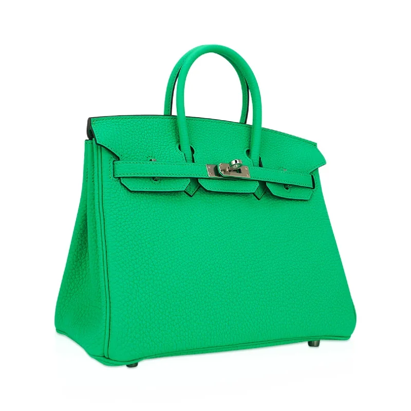 Hermes Birkin Bags with a Leather - Bound Handle for DurabilityHermes Birkin 25 Bag Vert Comics Togo Leather with Palladium Hardware