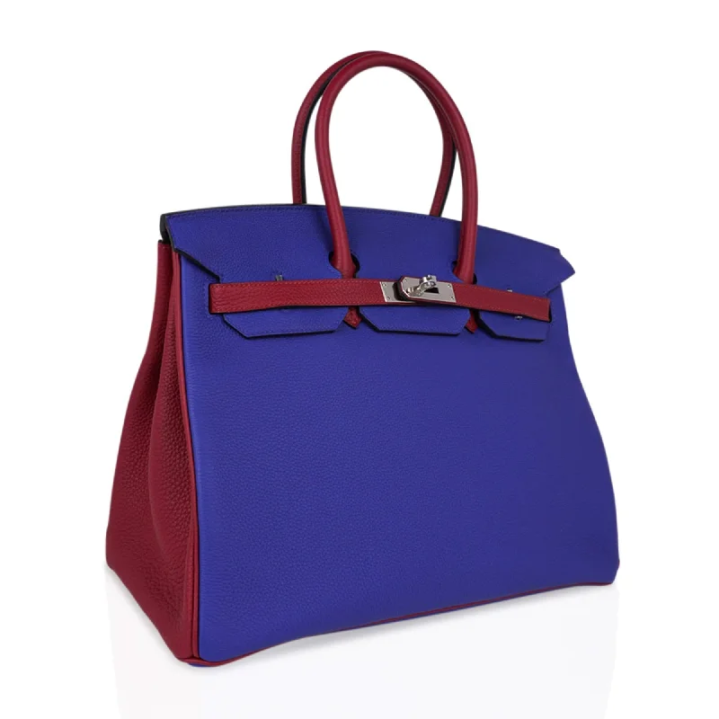 Hermes Birkin Bags with a Snap - Fastened Front Pocket for Easy AccessHermes Special Order HSS Birkin 35 Bag Blue Electric & Rouge Grenat Togo Leather with Palladium Hardware