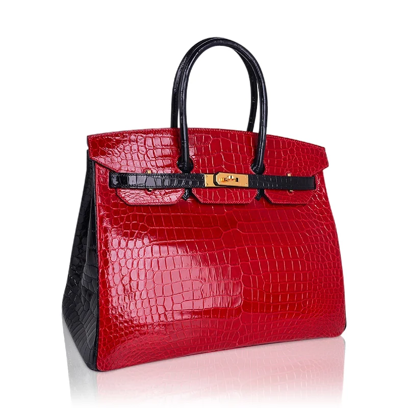 Hermes Birkin Bags with Custom - Engraved Hardware for PersonalizationHermes Special Order HSS Birkin 35 Bag Braise & Black Porosus Crocodile with Gold Hardware