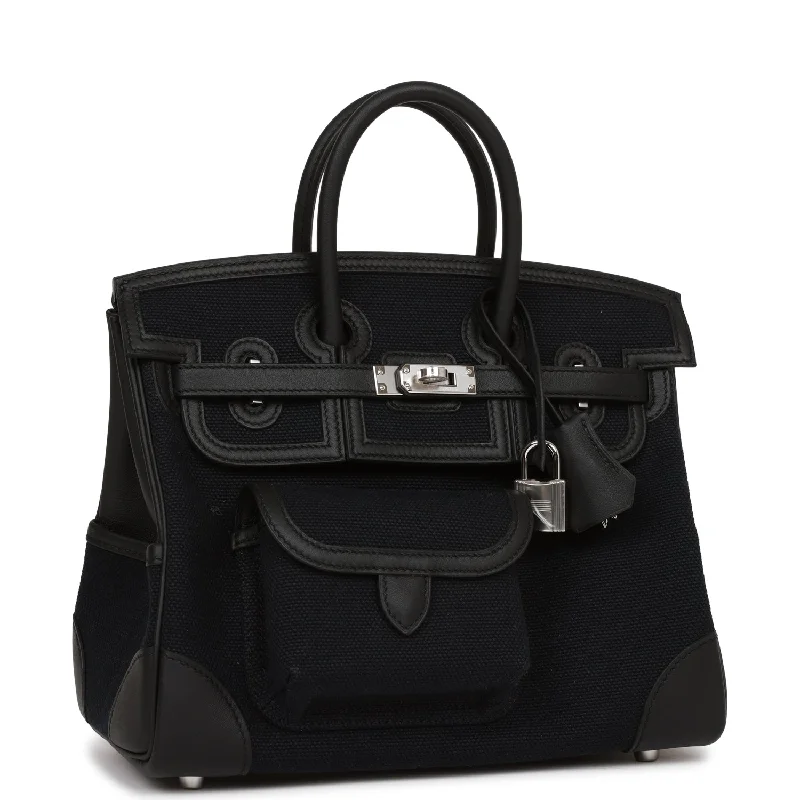 Hermes Birkin Bags with a Hand - Carved Leather DecorationHermes Birkin Cargo 25 Black Swift and Toile Canvas Palladium Hardware