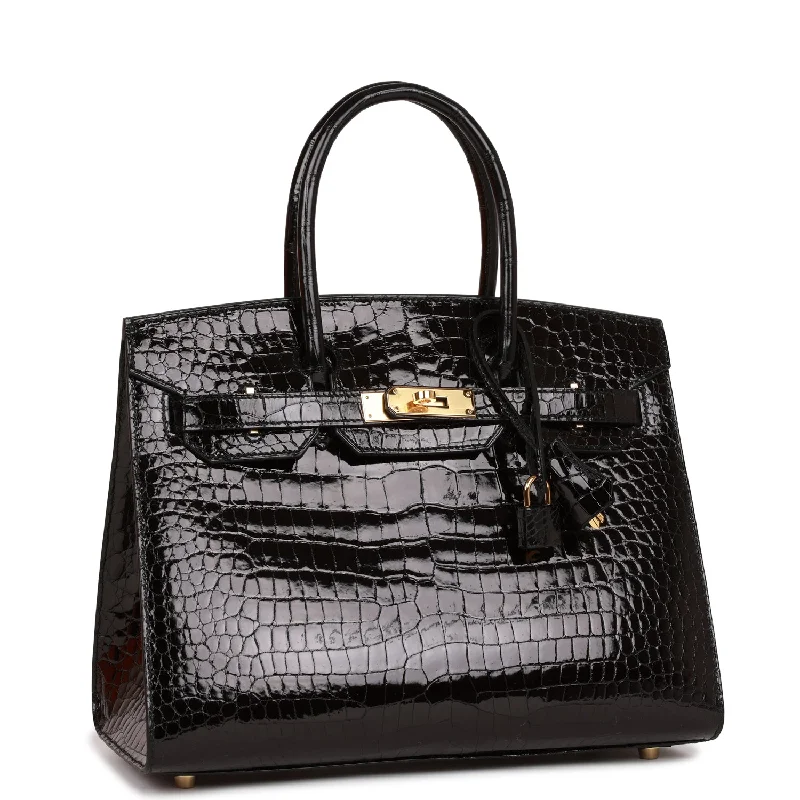 Hermes Birkin Bags with a Hand - Carved Leather DecorationHermes Birkin Sellier 30 Black Shiny Porosus Crocodile Gold Hardware