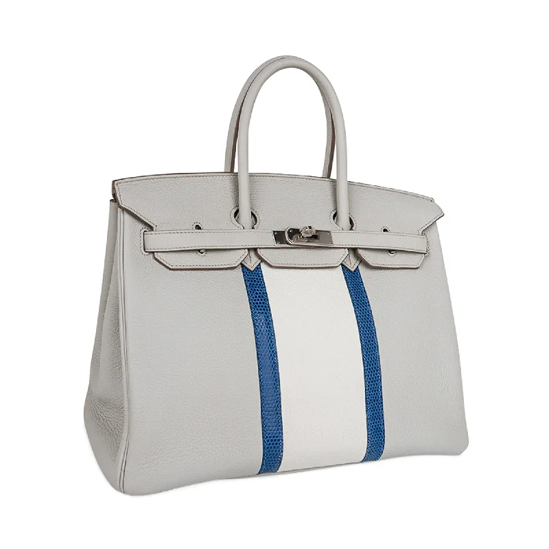 Hermes Birkin Bags with a Hand - Embroidered Floral PatternHermes Limited Edition Club Birkin 35 Bag Gris Perle & Blanc Clemence Leather with Palladium Hardware