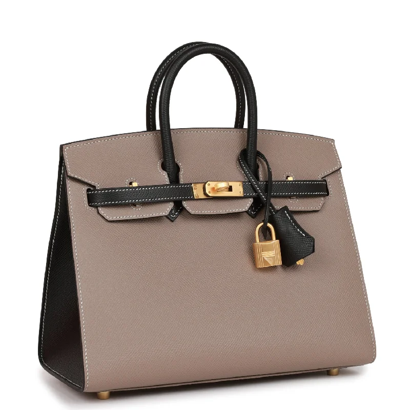 Hermes Birkin Bags with a Hand - Burnished Edge FinishHermes Special Order (HSS) Birkin Sellier 25 Etoupe and Black Epsom Brushed Gold Hardware