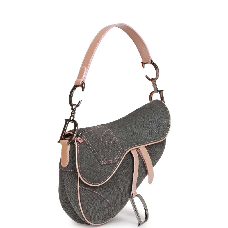 Stylish Christian Dior shoulder bags with a tassel - adorned zipperChristian Dior Saddle Bag Grey Denim and Pink Metallic Leather Silver Hardware